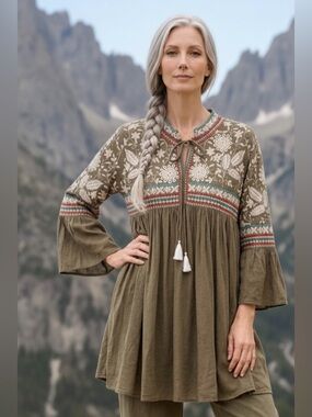 ANTIK BATIK Inspired Boho Embroidered Tunic Dress Brown Ivory Peasant Medium